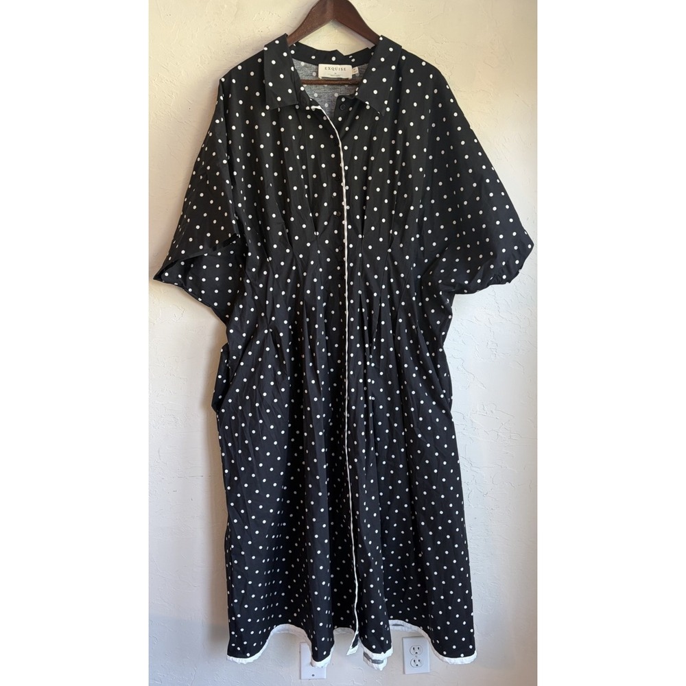 Anthropologie Tobie Exquise Eleanor Pleated Midi Shirt Dress 3X Polka Dot Black
